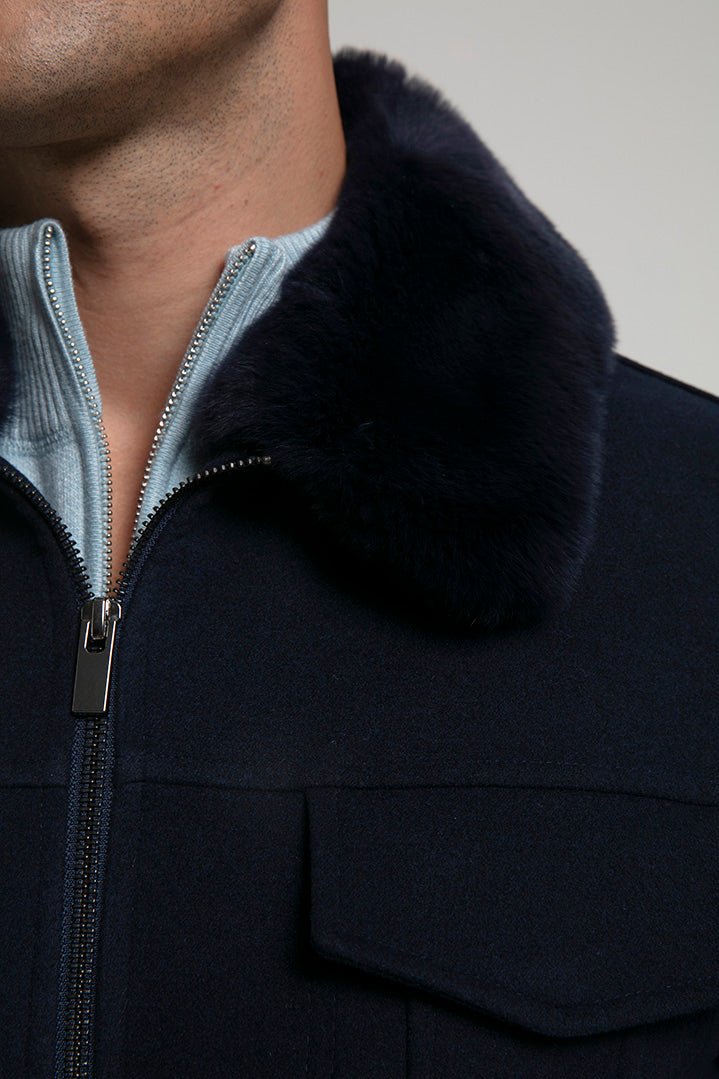 Zip-Up Jacket with Faux Fur Collar - Navy – 404 error - F.Z.C