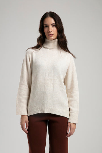 High-Neck Knit Sweater - White