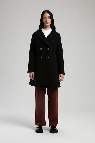 Short Double-Breasted Wool Coat - Black