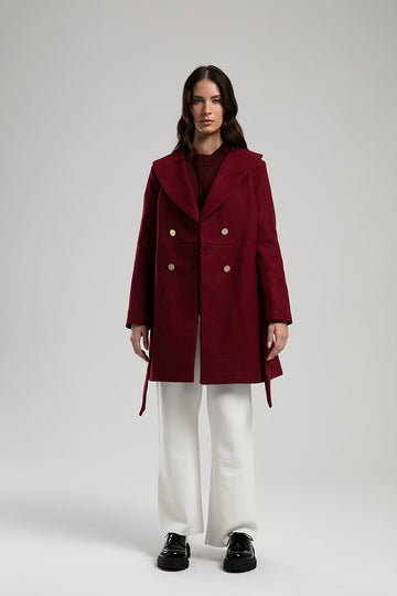 Short Double-Breasted Wool Coat - Burgundy