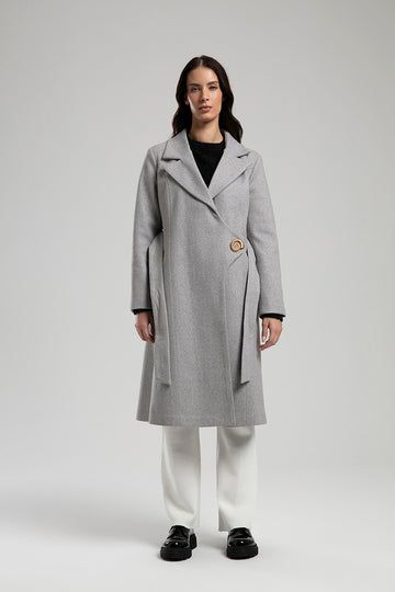 Wool Coat with Statement Button - Grey
