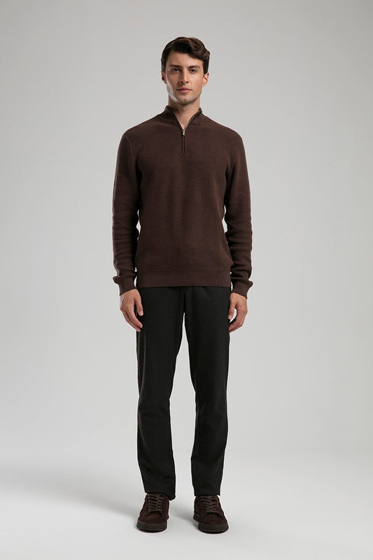 Half-Zip Knit Sweater - Brown