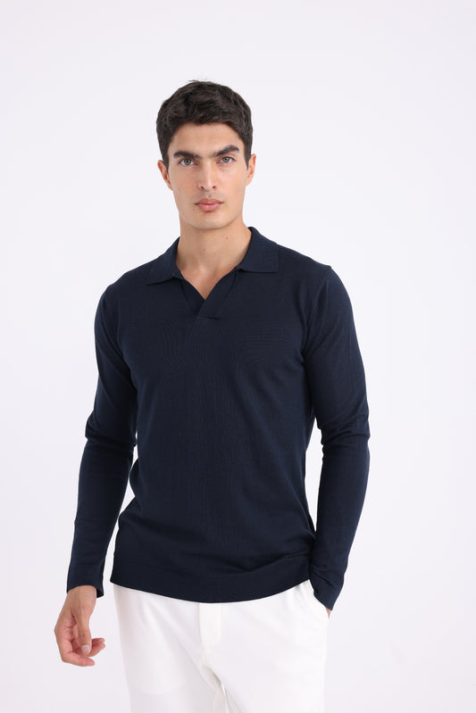 Polo Collar Knit Sweater - Navy