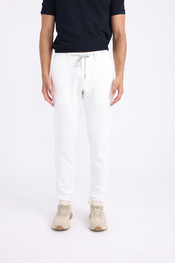 Cotton and Lycra Tapered Fit Twill Trousers - White