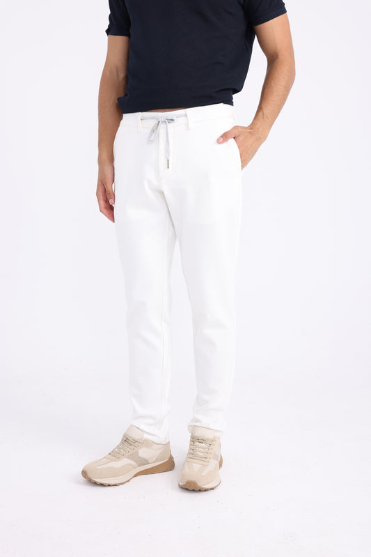 Cotton and Lycra Tapered Fit Twill Trousers - White