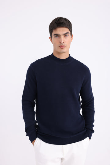 Wool High Neck Sweater - Navy