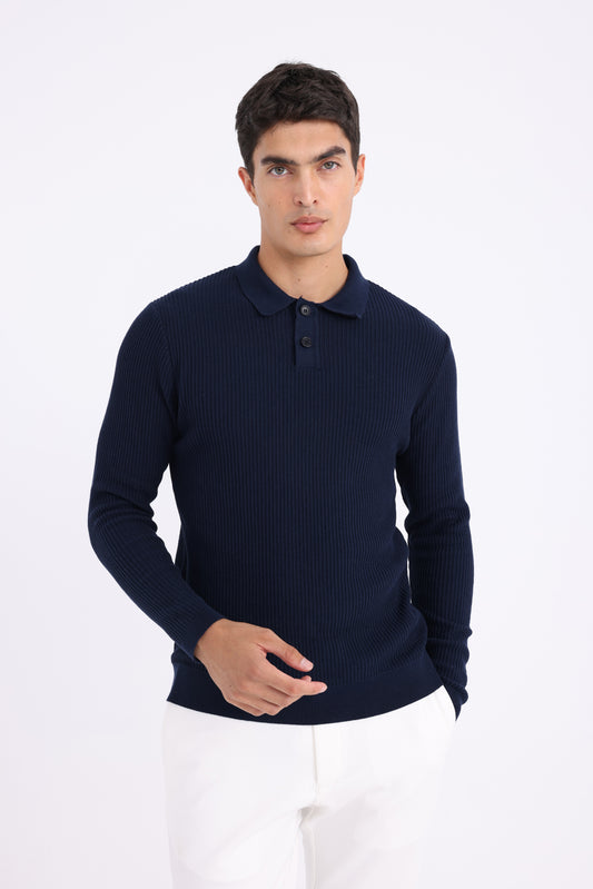 Wool Polo Sweater - Navy