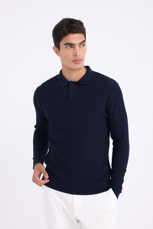 Wool Polo Sweater - Navy