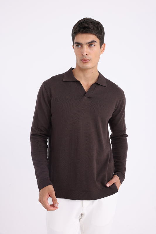 Polo Collar Knit Sweater - Brown