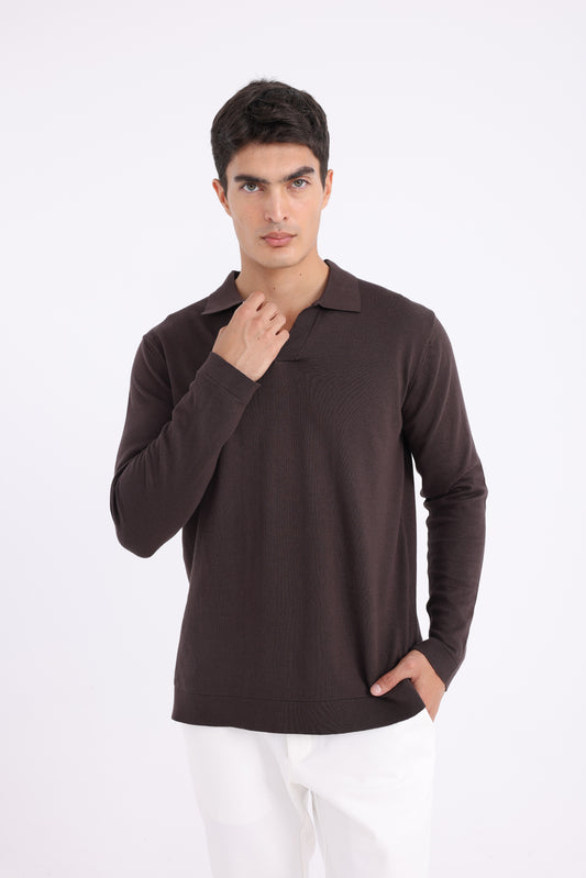 Polo Collar Knit Sweater - Brown