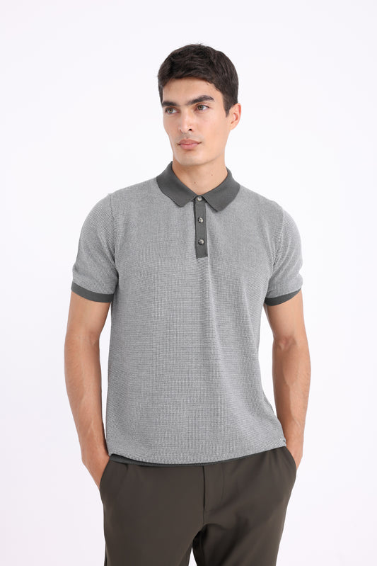 Knit Short Sleeve Polo Shirt - Grey Mix