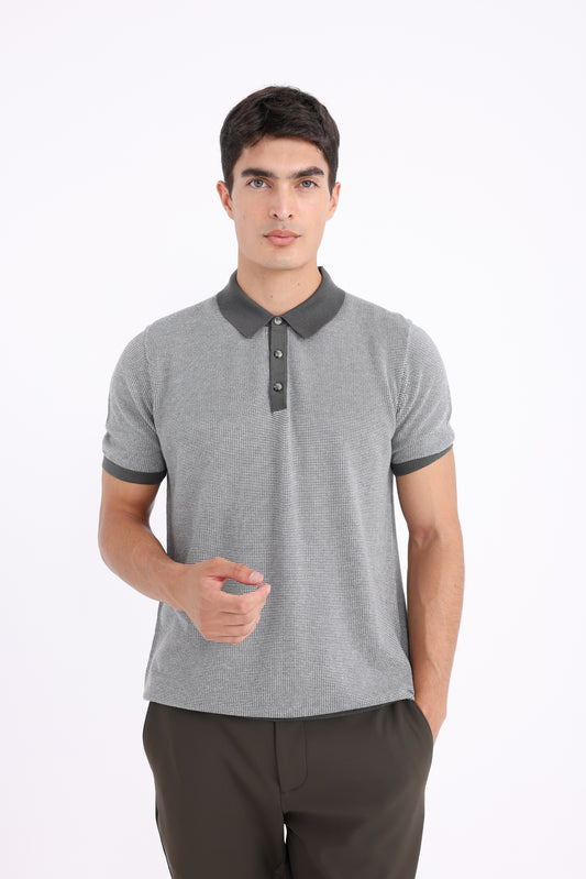 Knit Short Sleeve Polo Shirt - Grey Mix