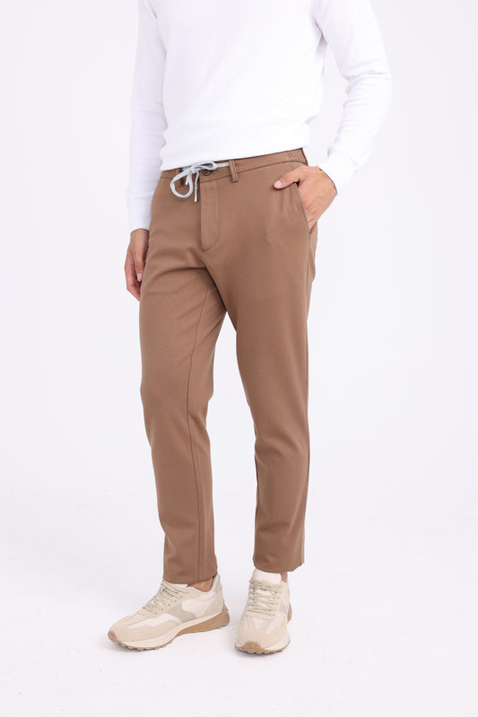 Cotton and Lycra Tapered Fit Twill Trousers - Brown