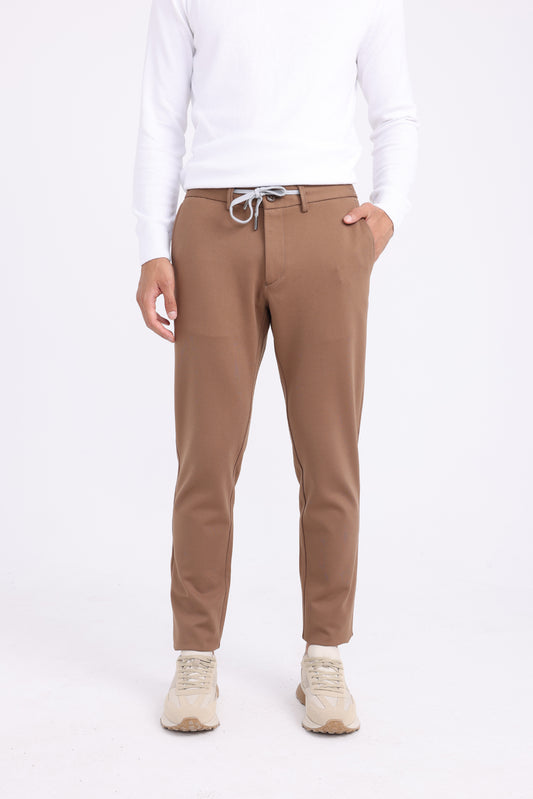 Cotton and Lycra Tapered Fit Twill Trousers - Brown