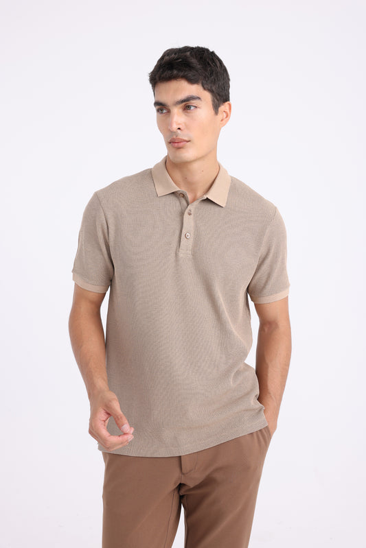 Knit Short Sleeve Polo Shirt - Beige Mix