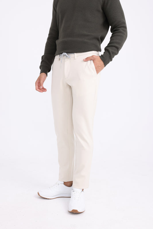 Cotton and Lycra Tapered Fit Twill Trousers - Beige