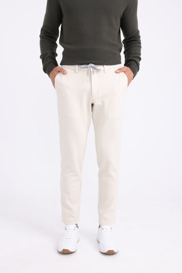 Cotton and Lycra Tapered Fit Twill Trousers - Beige