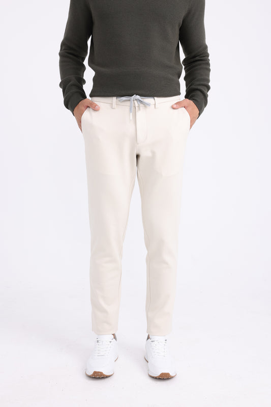 Cotton and Lycra Tapered Fit Twill Trousers - Beige