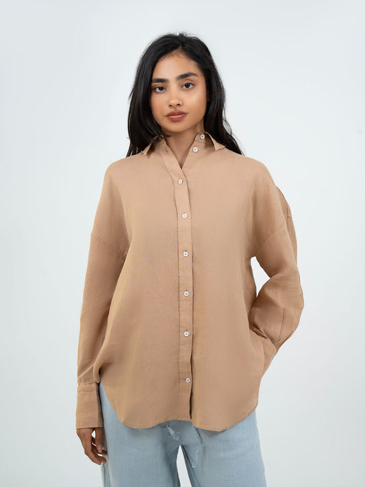 Oversize Full-Sleeve Linen Shirt - Dark Beige