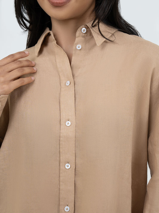 Oversize Full-Sleeve Linen Shirt - Dark Beige