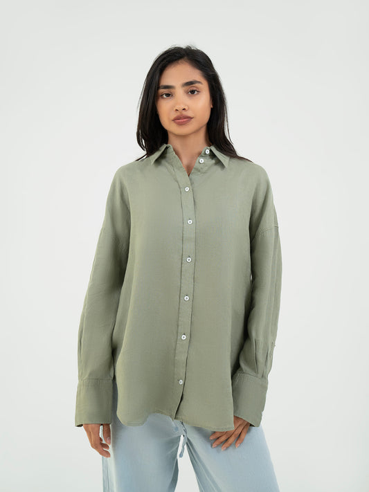Oversize Full-Sleeve Linen Shirt - Green