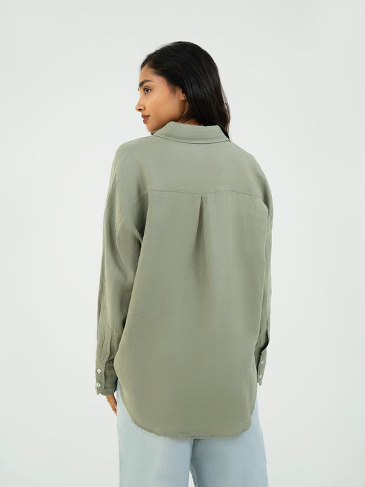 Oversize Full-Sleeve Linen Shirt - Green
