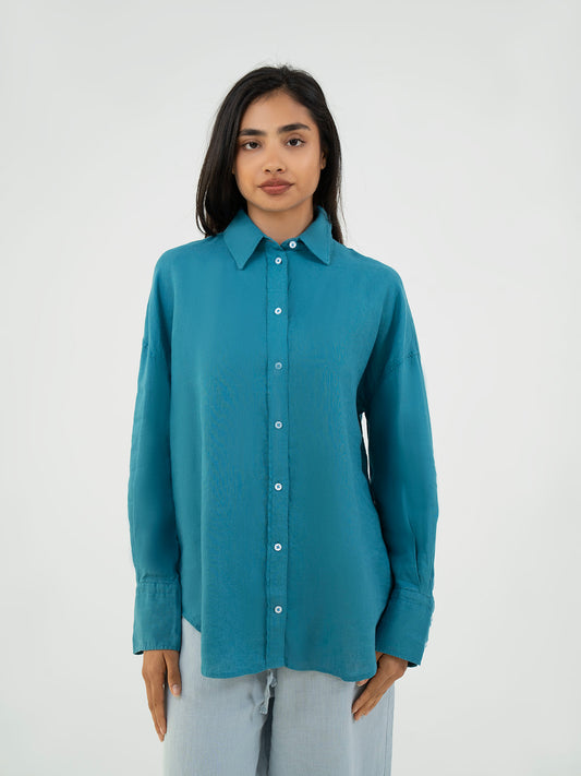 Oversize Full-Sleeve Linen Shirt - Blue