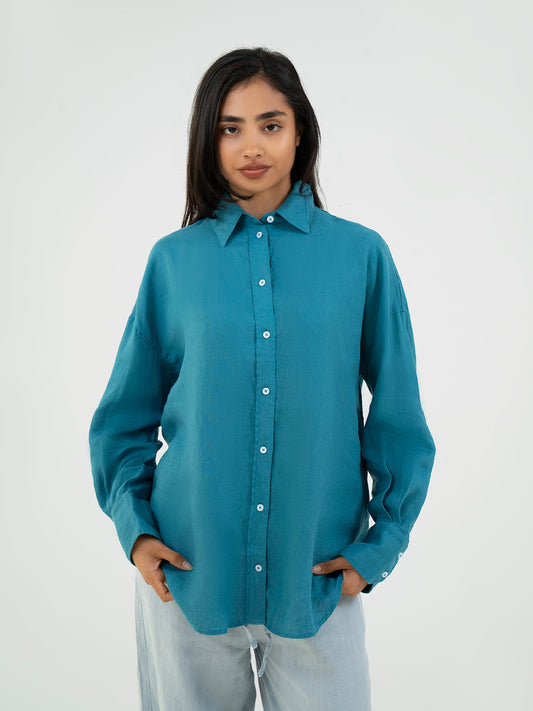 Oversize Full-Sleeve Linen Shirt - Blue
