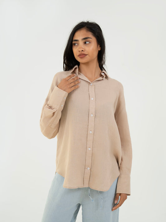 Oversize Full-Sleeve Linen Shirt - Light Beige