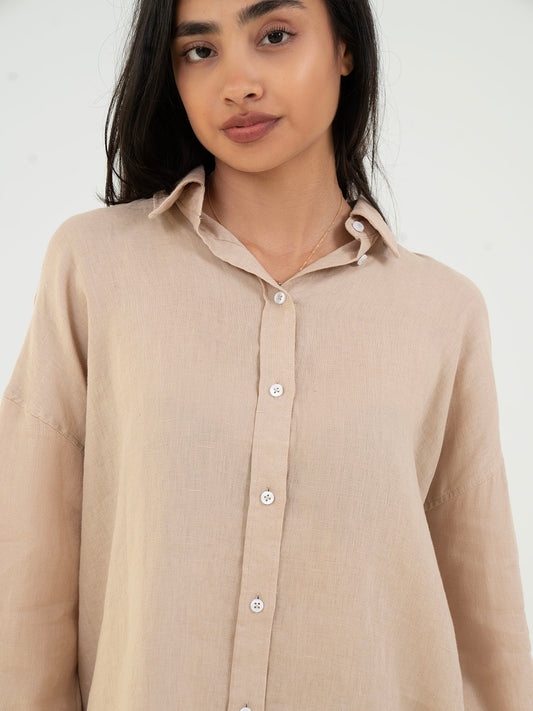 Oversize Full-Sleeve Linen Shirt - Light Beige