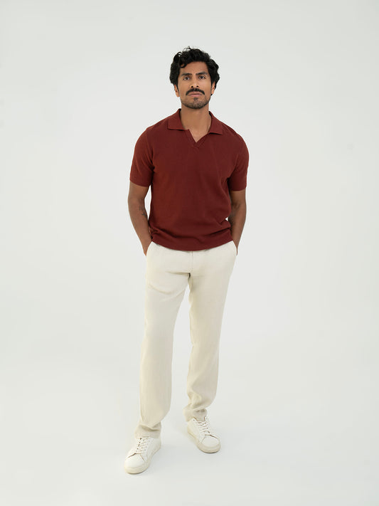 تي شرت بولو بفتحة  V - خمري فاتح