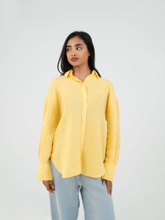 Oversize Full-Sleeve Linen Shirt - Yellow