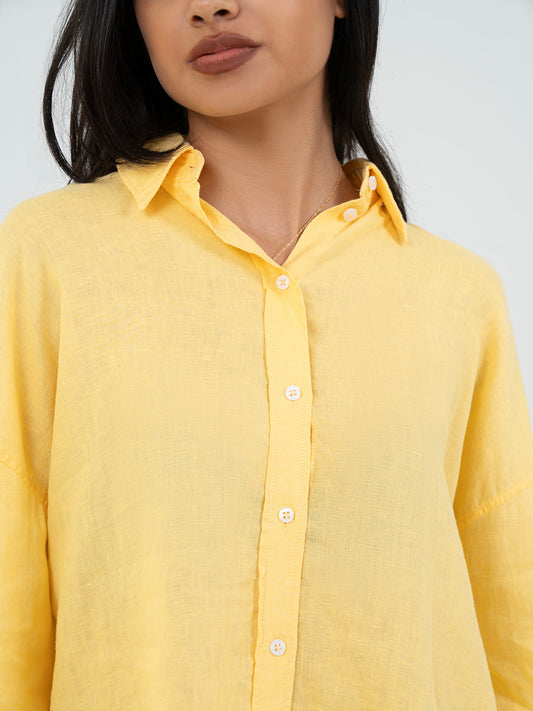 Oversize Full-Sleeve Linen Shirt - Yellow