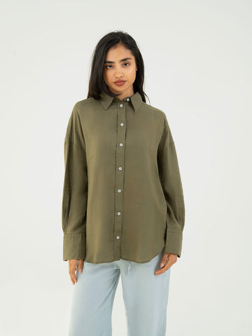 قميص كتان اوفر سايز - زيتي