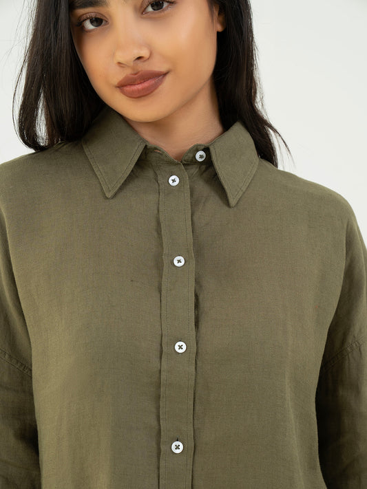 Oversize Full-Sleeve Linen Shirt - Olive