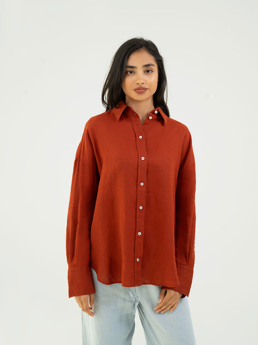 Oversize Full-Sleeve Linen Shirt - Red