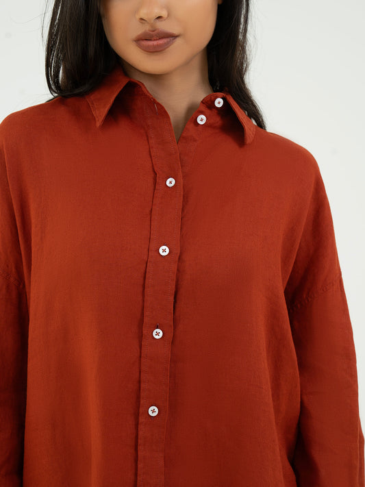 Oversize Full-Sleeve Linen Shirt - Red