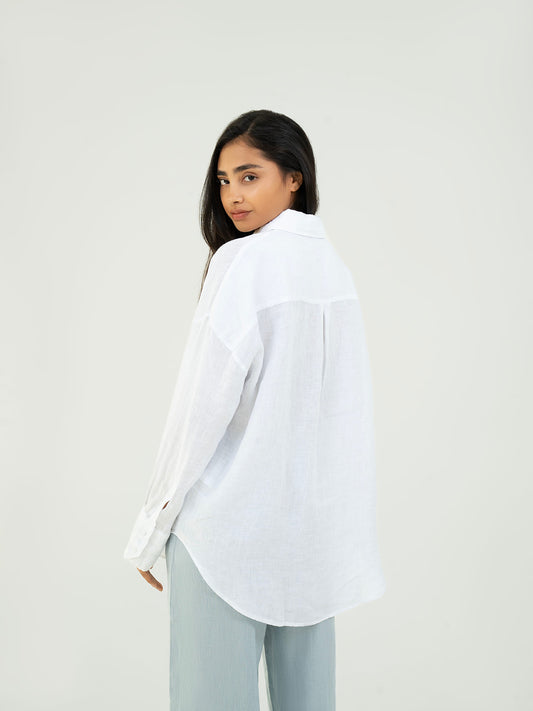Oversize Full-Sleeve Linen Shirt - White