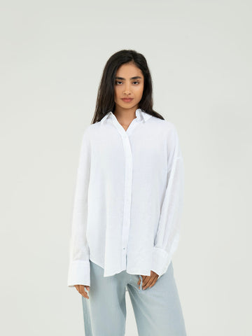 Oversize Full-Sleeve Linen Shirt - White