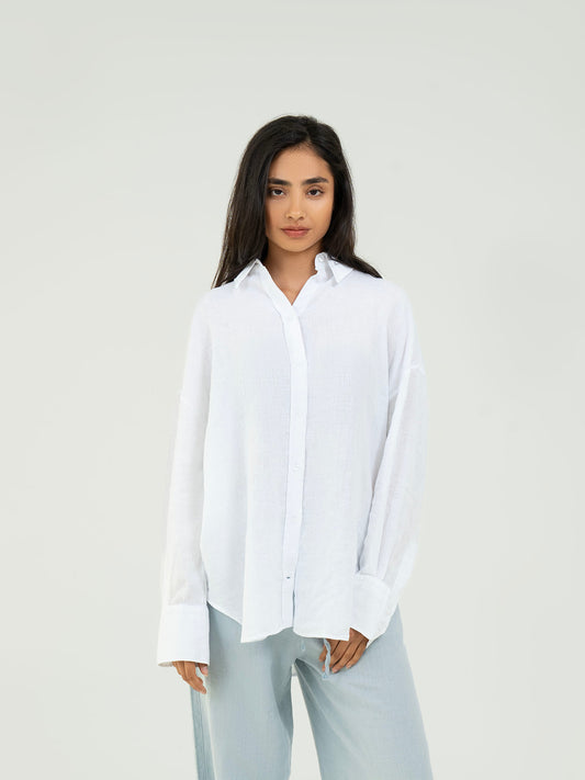 Oversize Full-Sleeve Linen Shirt - White