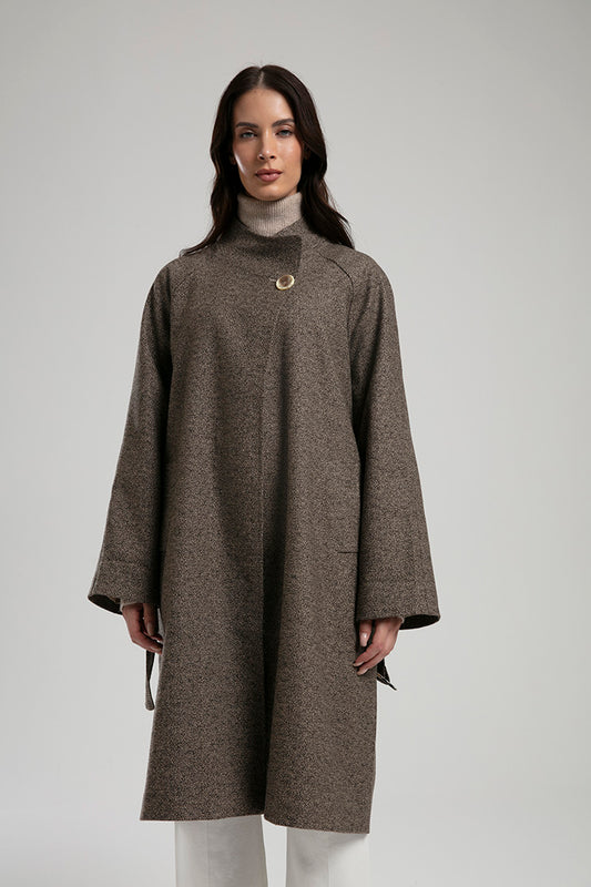 Textured Coat with Statement Button - Brown